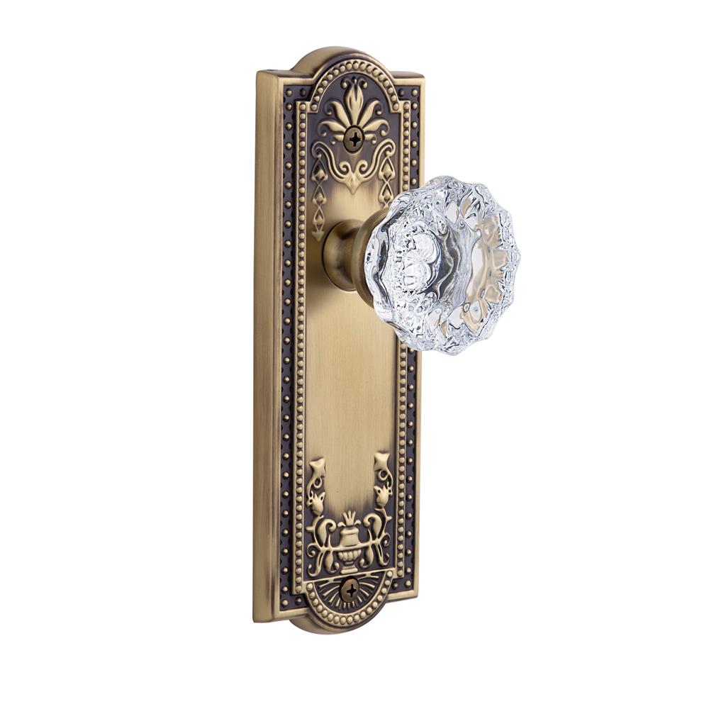 Grandeur by Nostalgic Warehouse PARFON Privacy Knob - Parthenon Plate with Fontainebleau Crystal Knob in Vintage Brass
